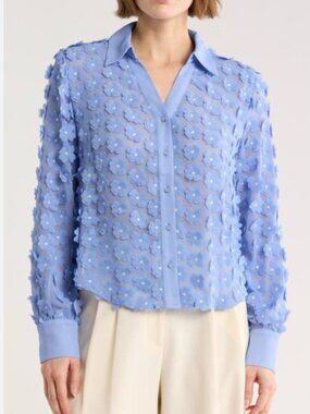 Adrianna Papell Women's Blue Cut Out Floral Blouse